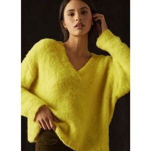 Anthropologie Simone Yellow V Neck Merino Wool Blend Long Sleeve Sweater | Small